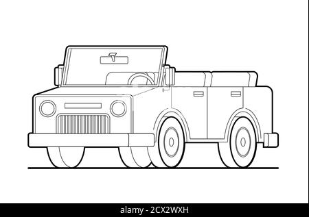Vektor Kontur Armee SUV; Autos für Reisen, Tourismus. Die lineare Zeichnung des Autos ohne Dach, das Cabrio im Cartoon-Stil für das Malbuch. Isolieren Stock Vektor