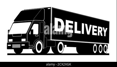Vector Logo LKW, schnelle Lieferung von Waren. Logo, Emblem, Banner des Logistikzentrums, Lieferung, Fracht, schweres Gewicht. Schwarz-weiße Farbe, monochr Stock Vektor