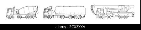 Konturvektor-Set aus Mischer, LKW, LKW-Kran auf weißem Hintergrund. Skizzieren Zeichnung für Malbuch. Arbeitswagen. Betonmischer, Kran, Tank. Modus Stock Vektor