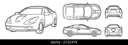 Vektorkontur Auto. Zum Ausmalen Buchseite. Isolierte Vorlage Coupé Auto auf weißem Hintergrund. Ansicht von der Seite, vorne, hinten und oben. Vektorgrafik Stock Vektor