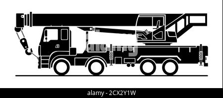 Vektor schwarz LKW Kran Symbol auf weißem Hintergrund; Seitenansicht. Auto mit einem Kran. Stilvolles Symbol für Logo. Moderne flache Vektorgrafik. Stock Vektor