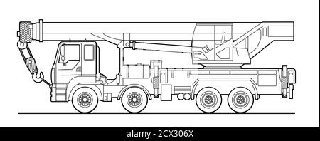 Vektordarstellung eines LKW-Krans; Auto mit Kran, Seitenansicht. Lineare Zeichnung für Malbuch für Jungen; Kontur. Moderne flache Vektorgrafik. Stock Vektor