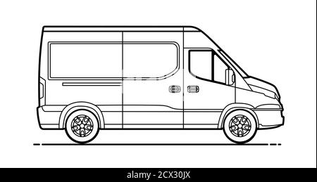 Vektor Konturzustellung van. Cargo van für das Bild ausmalen. Vector Cargo Minivan isoliert auf weißem Hintergrund. Stock Vektor