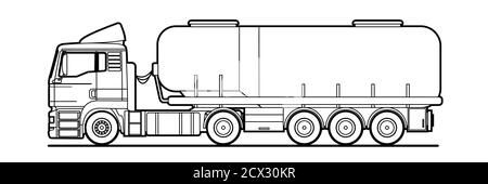 Vektorkontur, Umriss Tankwagen Seitenansicht. LKW; Aufliegertank. Öl, Kraftstofftanker. Fracht, Flüssigtransport. Zum Ausmalen Buchseite. Stock Vektor
