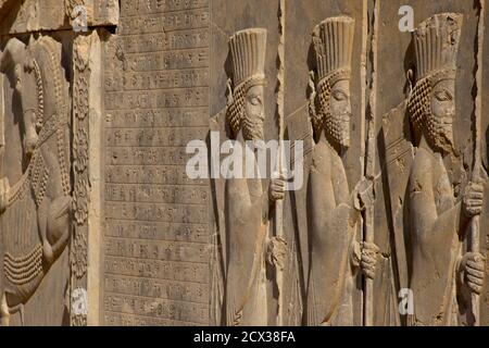 Filigrane Schnitzerei. Palast von Darius der Große, auch als Tachara, Persepolis, Shiraz, Iran bekannt. Persische Soldaten Stockfoto