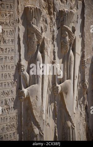 Aufwändige Schnitzerei. Palast von Darius dem Großen, auch bekannt als die Tachara, Persepolis, Shiraz, Iran. Persische Erstarrer Stockfoto