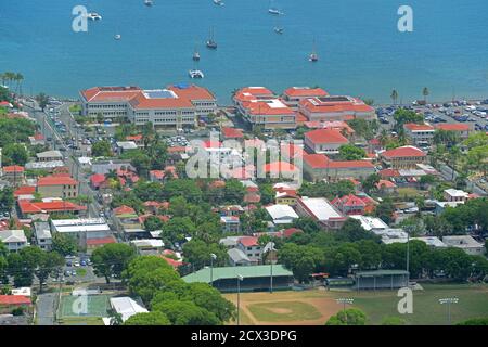 Stadt Charlotte Amalie und Long Bay Luftaufnahme auf Saint Thomas Island, US Jungferninseln, USA. Stockfoto