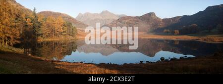 Ein herbstlicher Blick auf die Langdale Pikes und Side Pike spiegelt sich in Blea Tarn, im englischen Seengebiet Stockfoto