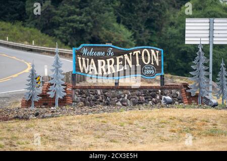 Warrenton, Oregon - 31. Juli 2020: Willkommen in Warrenton, Oregon Sign, im pazifischen Nordwesten der USA Stockfoto