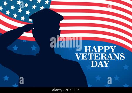 Happy Veterans Tag Feier mit Militäroffizier Saluting und usa Fahnenvektor Illustration Design Stock Vektor