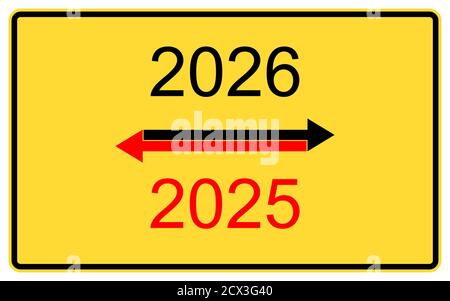 2026, 2025 Neujahr.2026, 2025 Neujahr auf einer gelben Straße Plakatwand. Stockfoto