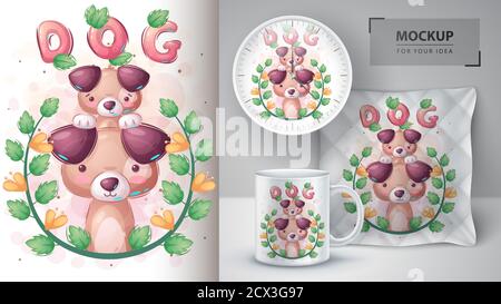Hund in Blumenplakat und Merchandising Stock Vektor