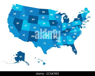 Karte der Vereinigten Staaten von Amerika, USA, mit staatlichen Abkürzungen. Einfache flache Vektordarstellung Stock Vektor