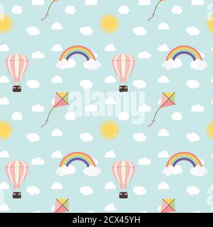 Kind nahtlose Muster Hintergrund mit Regenbogen, Sonne, Wolke, Drachen und Ballon. Vektorgrafik EPS10 Stock Vektor