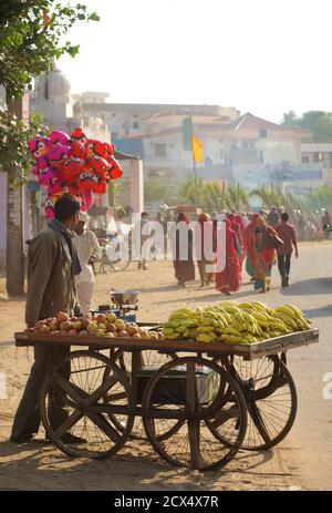 Indischer Obsthändler, Pushkar, Rajasthan, Indien Stockfoto