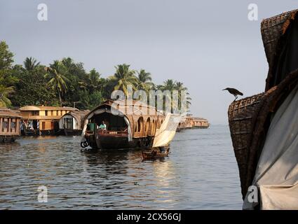 Hausboote auf den Nebengewässern von Alleppey, Kerala, Indien. Stockfoto