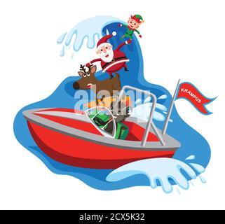 Krampus in einem Schnellboot, das über surfende Weihnachtsfiguren klopft Stock Vektor