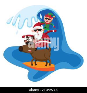 Surfen Santa Claus, Elf und Rentiere Stock Vektor
