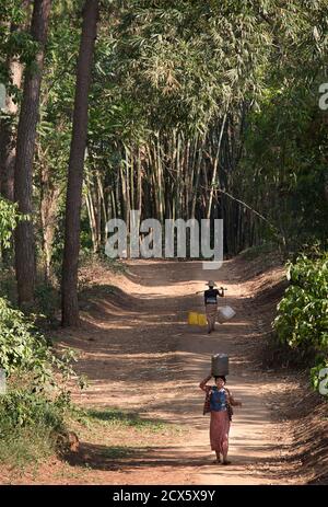 Burmesische Frauen, die Wasser in ihr Dorf zwischen Mount Popa und Baga Kalaw, Burma, bringen. Myanmar Stockfoto