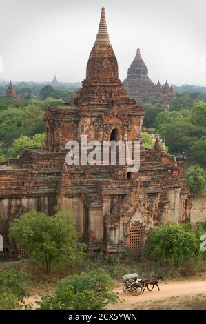 Blick über die Ebene von Bagan mit Pferd und Wagen im Vordergrund. Birma. Uralte Stupas Stockfoto