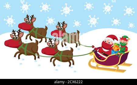 Weihnachtsmann, Elf und Rentiere tragen Gesichtsmasken Stock Vektor