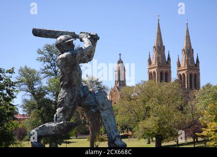 Statue des Sir Donald Bradman Cricket-Spielers im Adelaide Oval in Nord-Adelaide. Adelaide, AUSTRALIEN Stockfoto