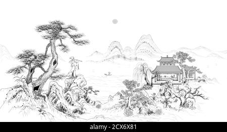 Piper chinesischen Stil Linienzeichnung Illustration Stockfoto