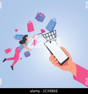 Frau erreichen den Warenkorb mit Taschen und Geschenkbox herum, während Hand halten Telefon für Online-Shopping. Stock Vektor