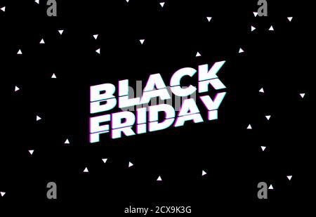 Black Friday Verkauf Inschrift Design-Vorlage. Vektorgrafik. Verkäufe, Angebote und Rabatte. Die größten Rabatte des Jahres. Glitch Art Style. Stock Vektor