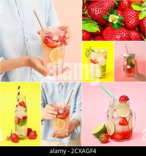 Collage aus Fotos mit frischer Erdbeerlimonade Stockfoto