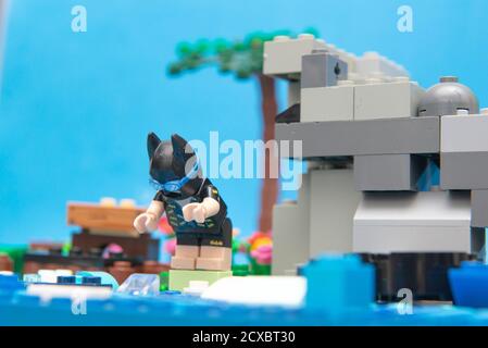 Florianopolis, Brasilien. 20. September 2020: Batman Minifigur am Rande eines Sees, die sich bereit macht, in seinem Sommerurlaub ein Bad zu nehmen. Konzept, das ev Stockfoto