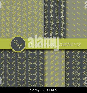 Vector Set aus sechs nahtlosen Mustern mit handgezeichneten floralen Elementen. In grau und grün. Stock Vektor