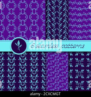 Vector Set aus sechs nahtlosen Mustern mit handgezeichneten floralen Elementen. In lila und türkis Farben. Stock Vektor
