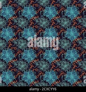 Nahtloses Muster mit handgezeichneten Blumen. In blauen und orangen Farben. Stock Vektor