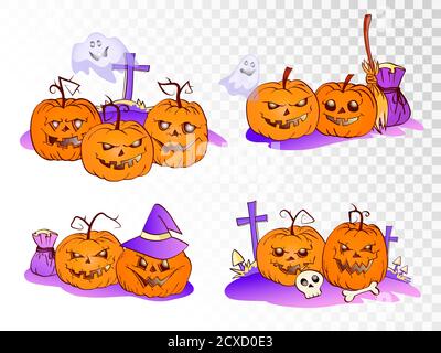 Vektor-Set von Cartoon Kürbisse auf transparentem Hintergrund. Halloween Kollektion. Stock Vektor