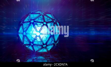 Abstract Blue Icosphere Hintergrund futuristische Technologie Stil. Neon Box 3D Illustration Stockfoto
