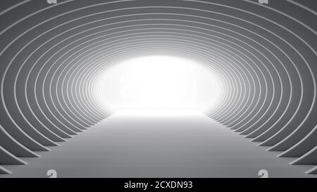 Futuristischer elliptischer weißer Tunnel mit Licht am Ende 3D Abbildung Stockfoto