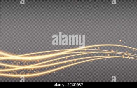 Goldener Swoosh, magische Welle. Gold Trail isoliert auf transparentem Hintergrund. Leuchtende gewellte Spur mit hellem Bokeh und funkelt. Swoosh mit Stradust Stock Vektor