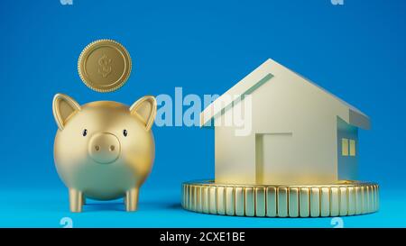 3d-gerenderte Abbildung eines Goldschweinbeines mit einem Modellhaus auf einer großen Münze. Blauer Hintergrund. Einsparungs-, Geschäfts- und Finanzkonzept. Stockfoto