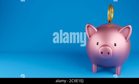 3D gerendertes Bild von einem metallischen rosa Sparschwein und einer Goldmünze auf blauem Hintergrund. Kategorie Geschäft Stockfoto