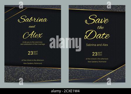 Hochzeitseinladung aus luxuriösem Carbon. Set mit Einladung und speichern Sie die Datumskarte auf Luxus-Carbon-Hintergrund. Hochzeitsset Stock Vektor