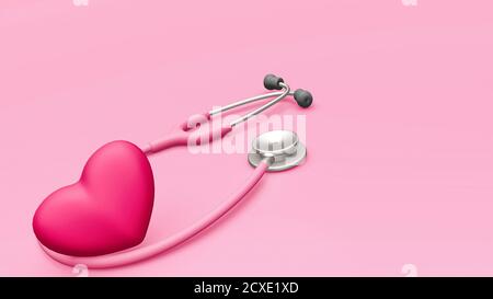 Ein 3D-gerendertes Bild eines rosa Stethoskops und eines roten Herzens auf rosa Hintergrund. Stockfoto
