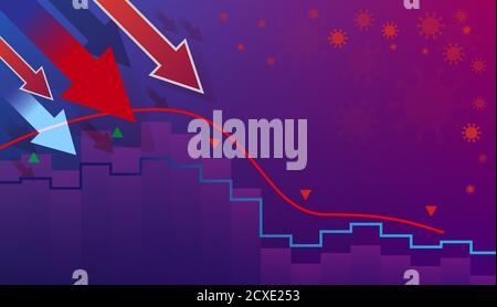 Die globale Wirtschaftskrise während des Coronavirus. Grafik der fallenden Aktienkurse, Währungsschwankungen. Rote und hellblaue Pfeile nach unten. Verringern Stock Vektor