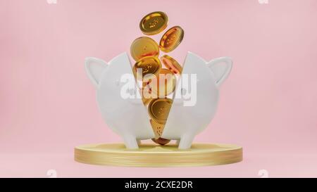 3d gerenderte Illustration von Goldmünzen Gießen in 2 halbierte weiße Sparschweine auf Gold geometrisch strukturierte Plateform. Pastell alten rosa Farbe Hintergrund Stockfoto