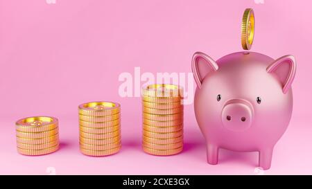 3D gerendertes Bild von einem rosa Sparschwein und Goldmünzen auf rosa Hintergrund. Stockfoto