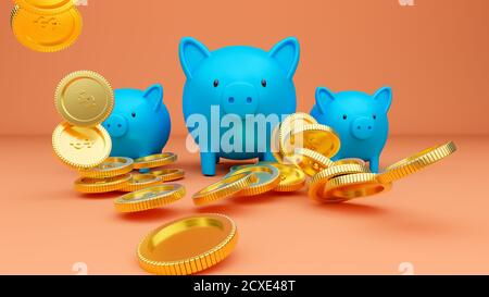 3D gerenderte Abbildung von drei blauen Sparschweinen und fallen goldene Münzen Stockfoto