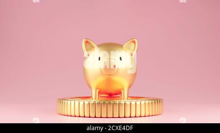 3d-gerenderte Abbildung eines Goldschweinbeines, das auf einer großen Goldmünze steht. Pastell alten rosa Farbe Hintergrund. Geschäfts- und Finanzkonzept. Stockfoto