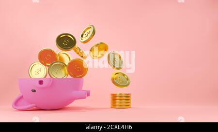 3d gerenderte Illustration eines halbierten rosa Sparschwein mit Goldmünzen fließt aus ihm, um einen Stapel Geld zu bilden. Hintergrund in pastellrosa Farben. Stockfoto