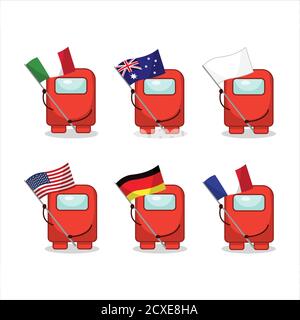 Unter uns roten Zeichentrickfigur bringen die Fahnen der verschiedenen Länder Stock Vektor