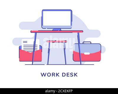Schreibtisch Konzept Computer Monitor auf Tischstuhl Koffer offen Mail weißen isolierten Hintergrund mit flachen Stil Stock Vektor